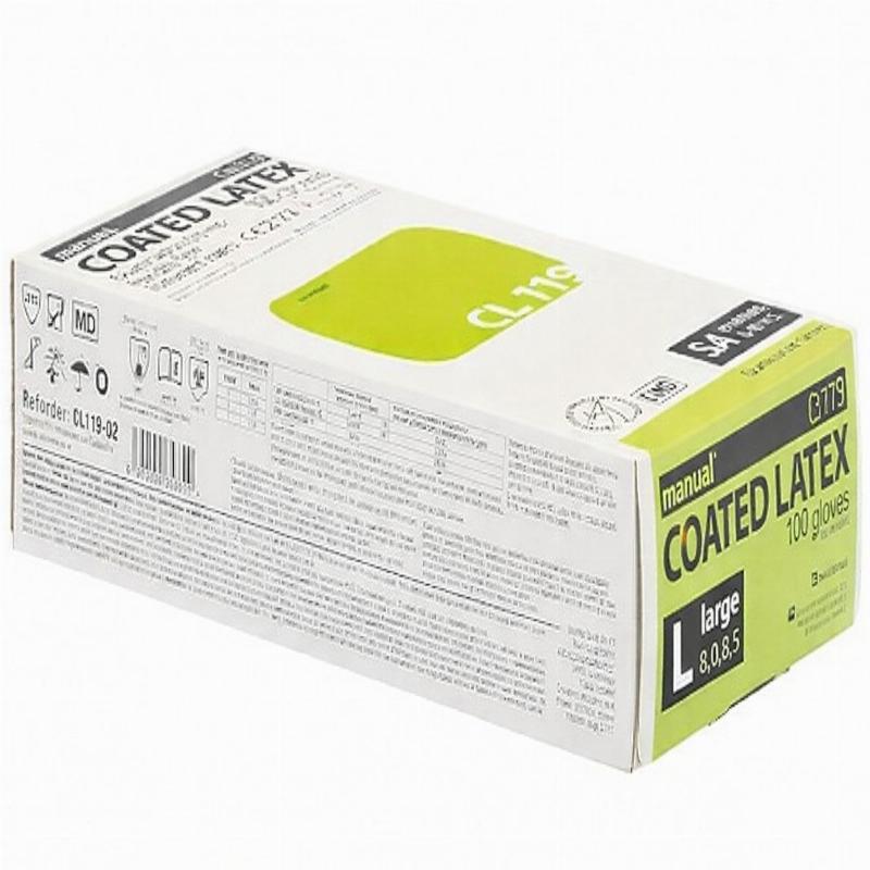 manual® СЛ119 Коатед Латексні нестерильні, оглядові рукавички з полімерним покриттям, неопудрені, текстуровані, розмір L